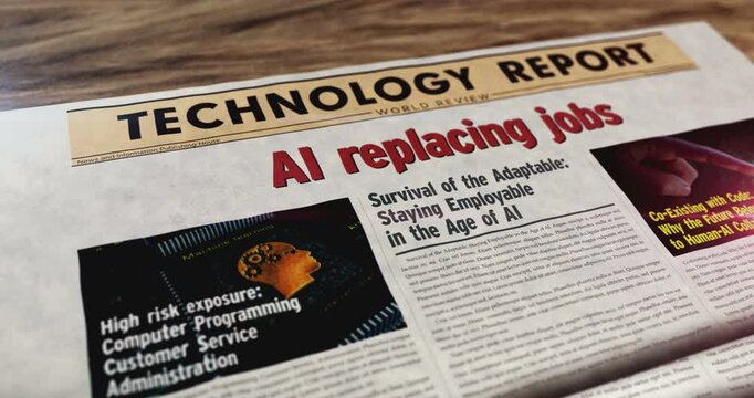 Ai replacing job daily newspaper on table. Headlines news abstract concept 3d.