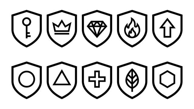Shield line icons set with key crown diamond fire arrow circle triangle cross leaf and hexagon symbols vector illustration