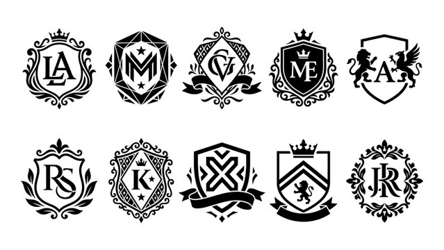 Heraldic crests and luxury monogram logos vector set with shields crowns and lions for branding
