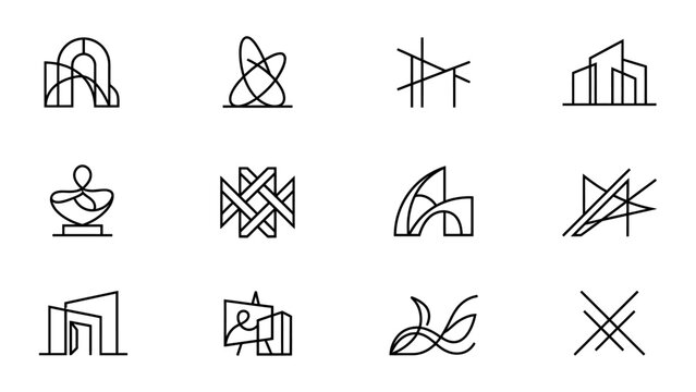 Minimalist architecture and art logo templates vector set with abstract geometric line icons of buildings and sculptures