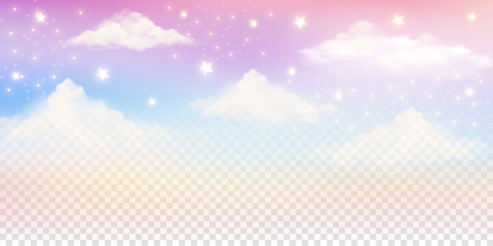 Magical pastel gradient sky with glitter stars, fluffy clouds and kawaii elements. Dreamy princess fantasy backdrop in soft purple and blue watercolor tones. Transparent vector bg