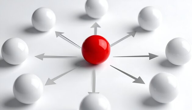 Central red sphere connected to surrounding nodes with arrows, symbolizing leadership, communication, influence, and network management.