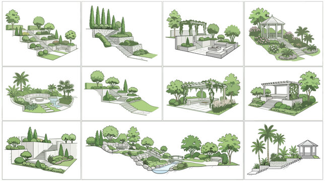 Landscape architecture sketches set, backyard garden terrace and patio designs