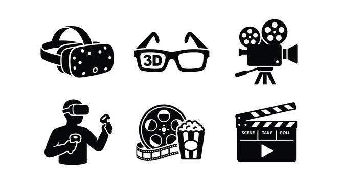 Cinema And Virtual Reality Icons Black Silhouette On White Background