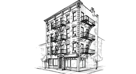 Fototapeta premium Vintage Urban Apartment Building Sketch Vector Illustration