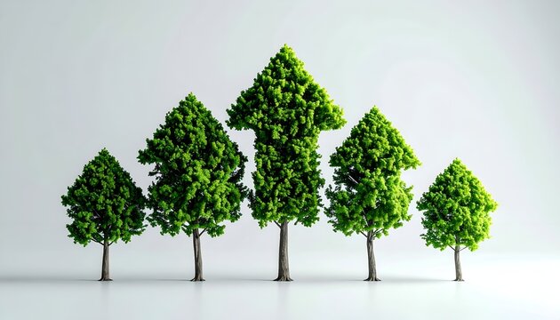 Five trees form an upward arrow. Green foliage contrasts with plain background