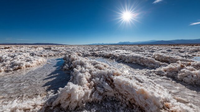 Vast Salt Flats Shimmering Under a Bright Sun in a Clear Blue Sky