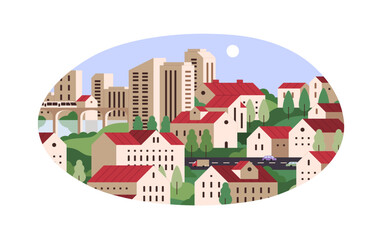 Obraz premium Cityscape with sun in the sky. Urban landscape with geometric style. Business buildings, residential houses, skyscrapers, parks and road. City architecture. Flat isolated vector illustration on white