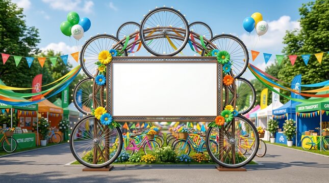 Blank white billboard sign mockup on a decorative bicycle arch at an outdoor summer street festival