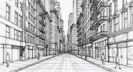 Fototapeta premium Urban City Street Architectural Sketch Vector Illustration Drawing