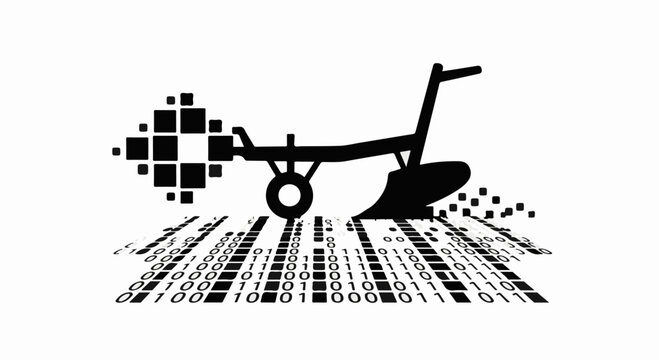 Digital agriculture concept with a plow and binary code pattern