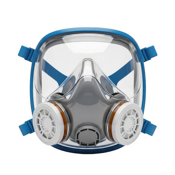 Industrial full face respirator mask with dual filters, professional gas mask for chemical protection, blue safety breathing apparatus on white background
