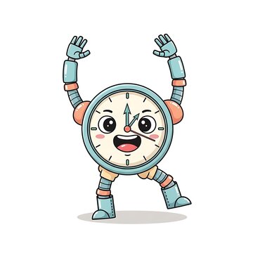 Happy cartoon robot holding clock with tools.