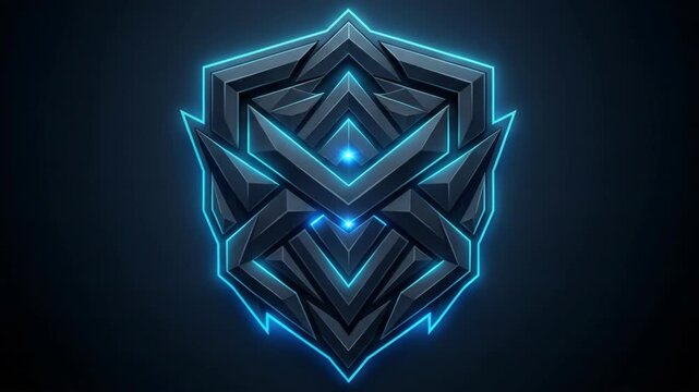 Geometric Emblem with Neon Blue Glow on Dark Background