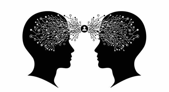 Two profiles connect through shared thoughts and digital networks, symbolizing communication and ideas.