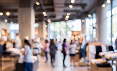 Fototapeta premium A blurred interior view of a retail store with shoppers browsing. Soft lighting and displays create a vibrant shopping atmosphere.