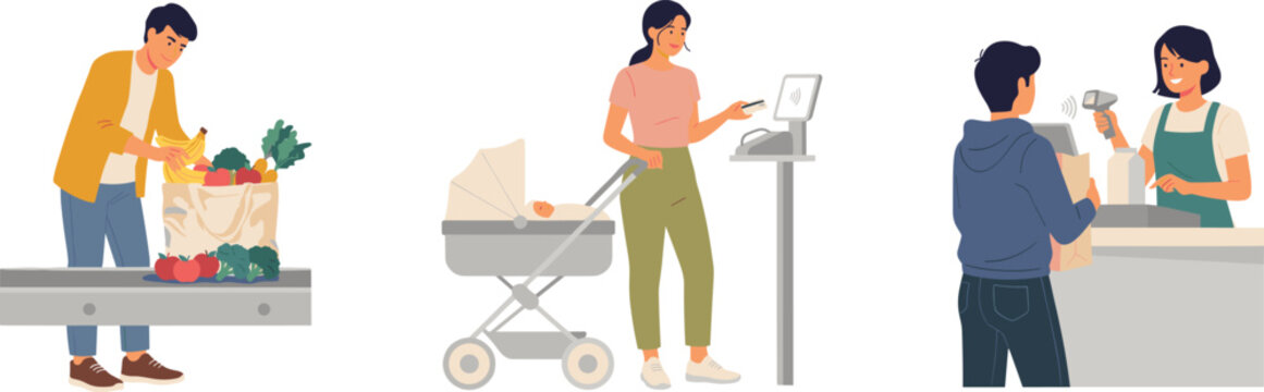 Grocery Shopping People Character Set with Man Packing Vegetables Mother with Baby Stroller Paying at Self Checkout and Cashier Scanning Items