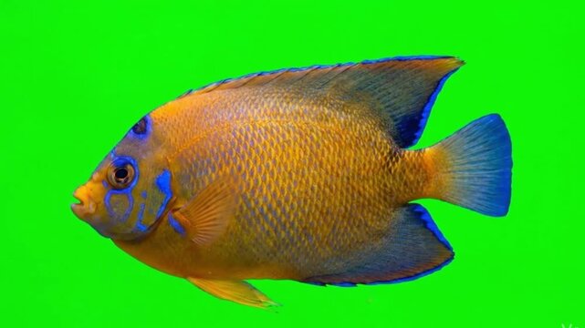 Fish Video of one Queen angelfish are swimming on the green screen background