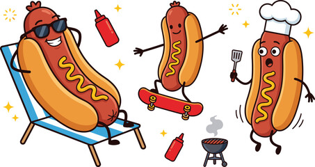Cute Hot Dog Mascot Character Vector Set with Happy Fast Food Cartoon Elements Sunbathing Skateboarding and Cooking on Grill © MstAkhlima