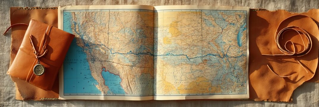 Geographical Expedition Memoir with Vintage Leather Cover and Authentic American Atlas Map Layout