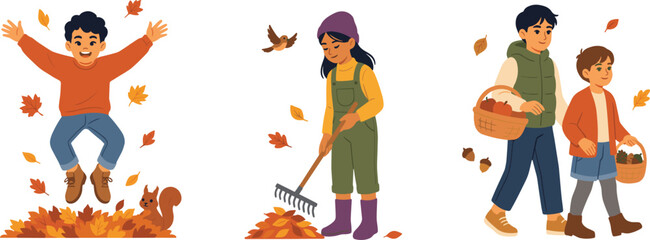 Fototapeta premium Happy Children Autumn Activity Vector Set with Boy Jumping in Foliage Girl Raking Fall Leaves and Kids Gathering Mushroom Harvest