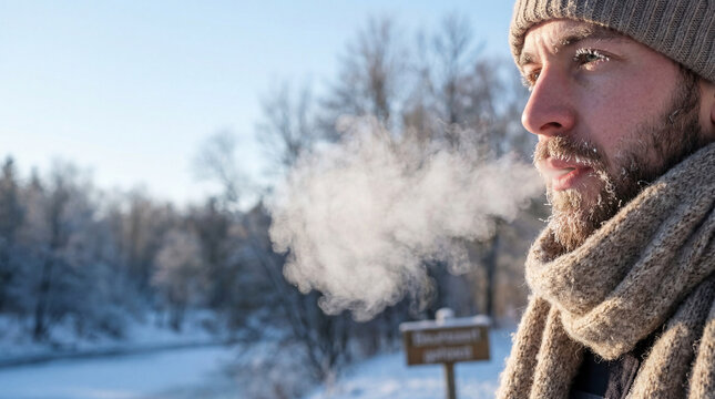 Man exhaling breath on a cold winter day