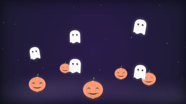 Playful cartoon ghosts and pumpkins on a dark purple background