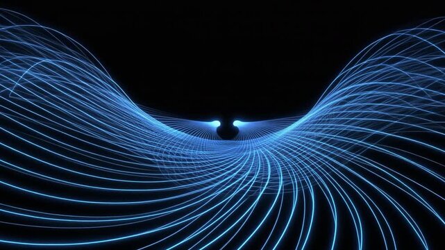 An abstract motion graphic background featuring glowing blue neon lines curving and flowing smoothly like a digital wave against a black backdrop