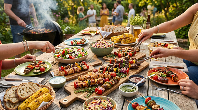 Summer Outdoor BBQ Feast Skewers on Garden Table, Friends Hands Reaching Grilled Food Lifestyle Landscape Orientation
