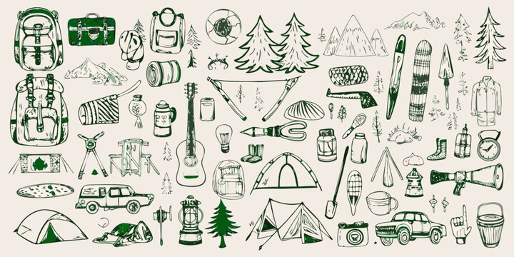 Hand drawn Camping And Outdoor Adventure Illustration With Various Equipment