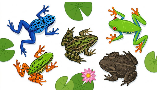 Variety of colorful frogs and lily pads illustration