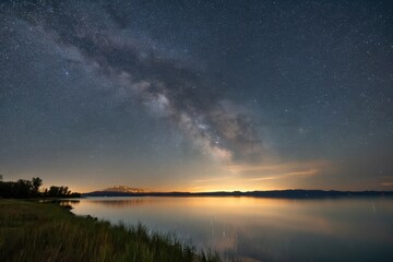 Obraz premium The Milky Way arching over a tranquil mountain lake with glowing horizon reflections