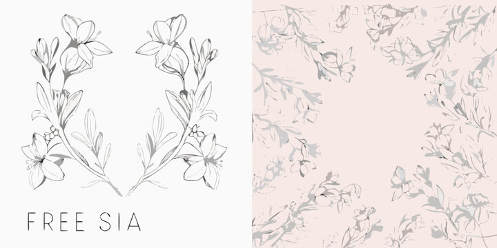 Freesia flower collection hand drawn vector illustration with a light pink background