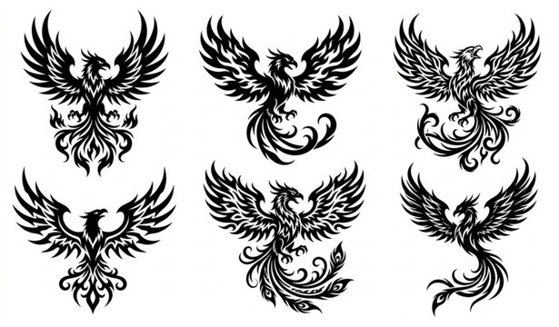 Six blackwork phoenix designs with winged mythical bird motifs
