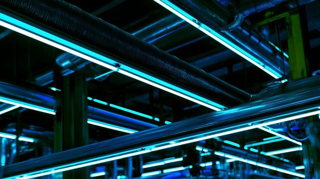 Sleek metal beams are illuminated by an intense blue neon glow creating a dynamic and futuristic industrial atmosphere