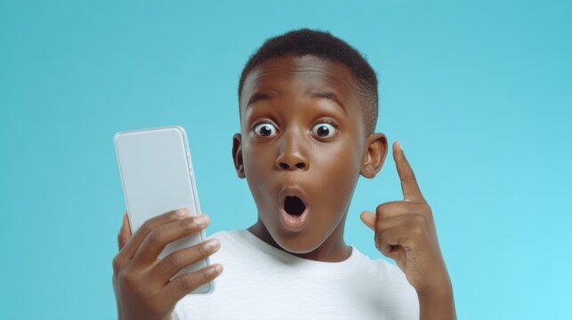 Surprised young african american boy looking at smartphone with wide eyes and open mouth, pointing up against a bright blue background