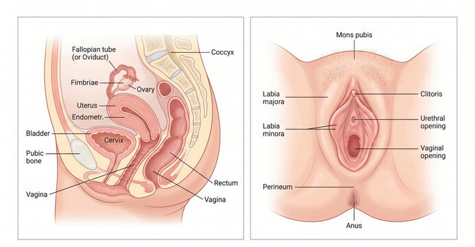 Anatomical diagrams of female reproductive system in sagittal and front views with labels.
