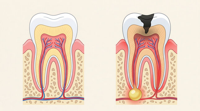 Comparison illustration between healthy tooth and decayed tooth with dental abscess.