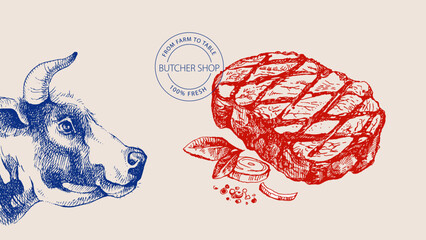 Hand drawn sketch meat butcher shop poster. Vector vintage collage illustration. Menu poster, packaging design banner © pim