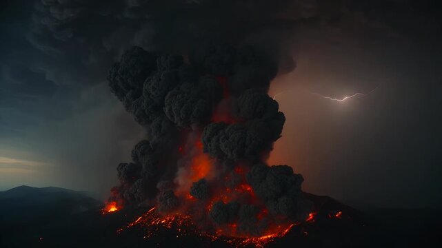 Erupting volcano sending growing, pulsing ash column after vent burst at mountains, with lightning