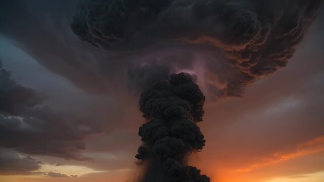 Rising central plume billowing at sunset under anvil cap, pulsing lightning, updrafts fueling rise