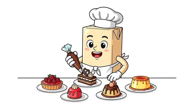 Cheerful cartoon chef holding food items.