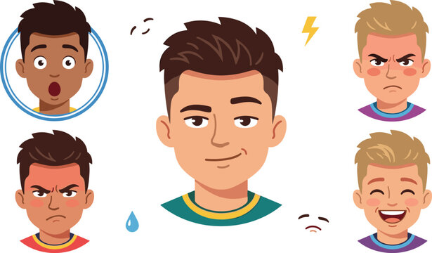 Diverse Young Men Avatar Face Collection with Various Facial Expressions and Character Emotions Like Happiness Shock and Anger Vector Illustration