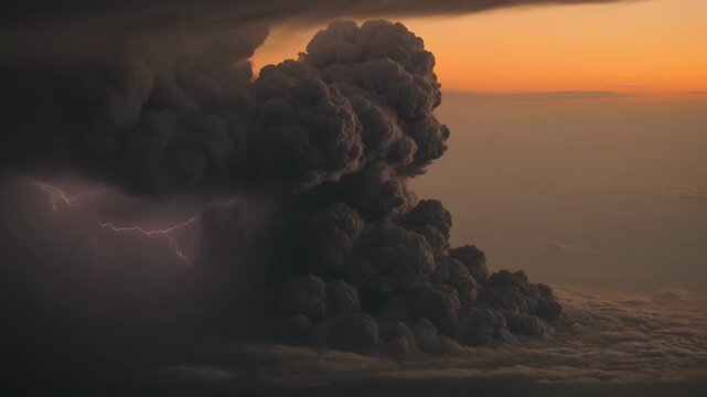 Pulsing internal lightning illuminating towering convective cloud at sunset, revealing filaments