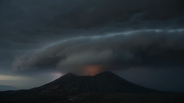 Lightning striking right horizon lighting volcanic ridge shelf cloud and summit glow from storm