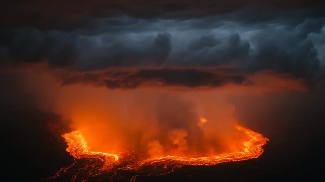 Showing lava lake pulsing as storm clouds hitting plume at dusk, lightning flashing above crater