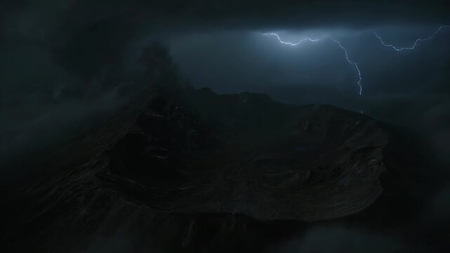 Flashing distant lightning bolts revealing crater rim at mountain caldera, illuminating cloud tops