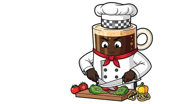 Cartoon robot chef cooking in kitchen.