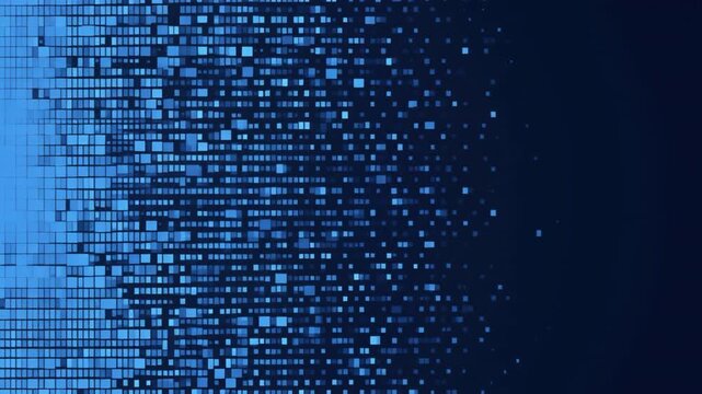 Abstract motion graphic background featuring digital blue square pixels flowing and transitioning from left to right against a dark navy backdrop