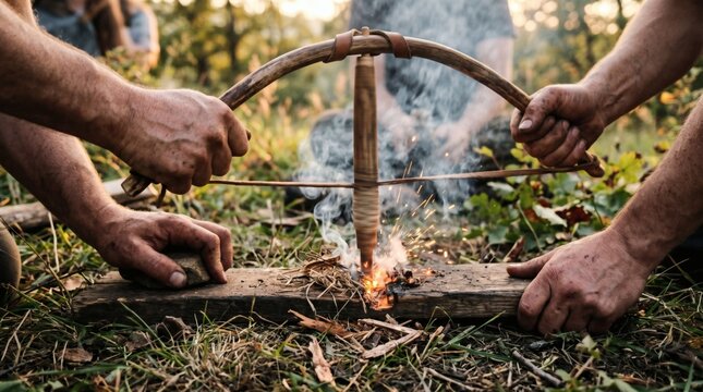 Hands making fire with a bow drill in a forest setting, demonstrating survival skills.